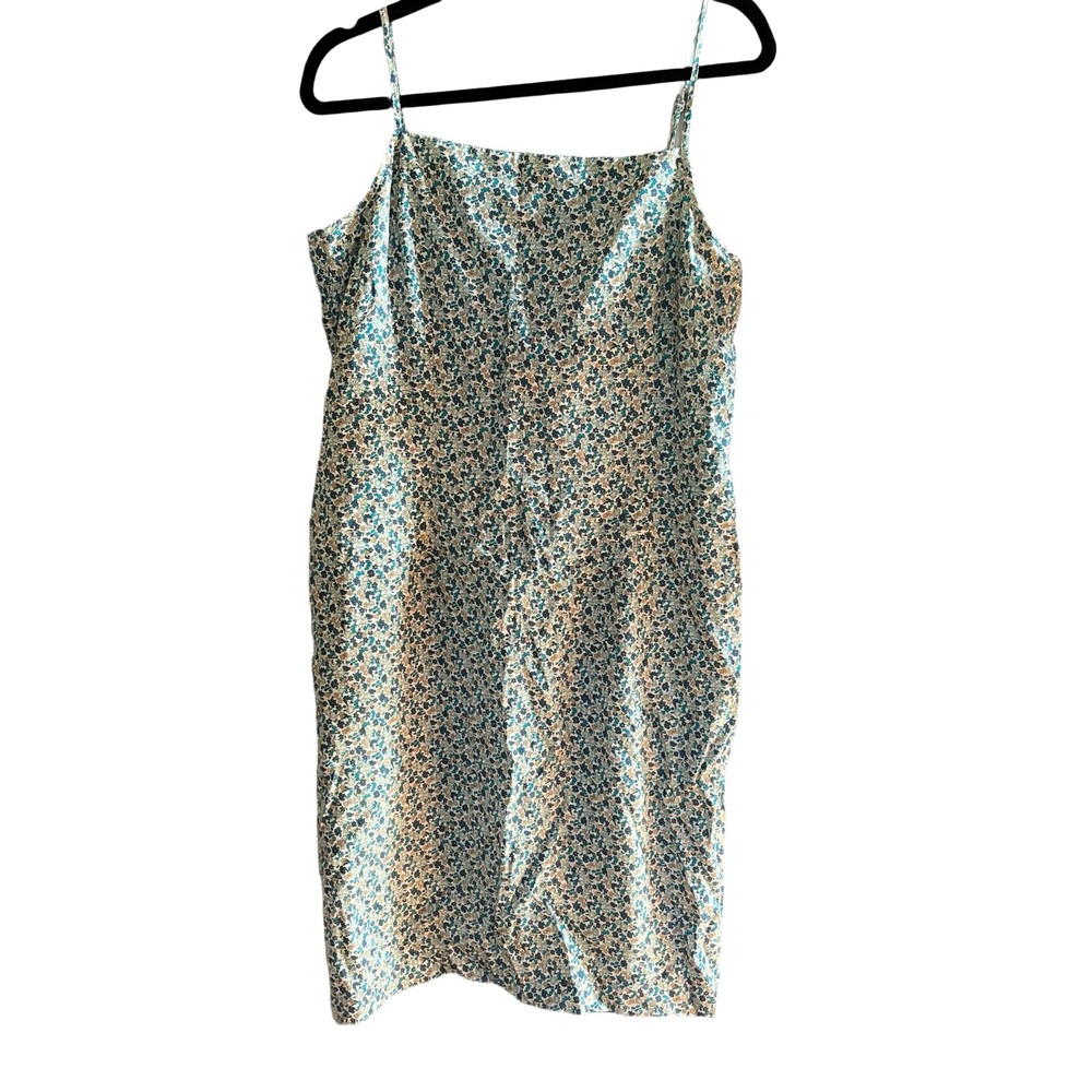 Ann Taylor Floral Sheath Dress Women 14 Blue Green Cotton Spaghetti Strap Boho